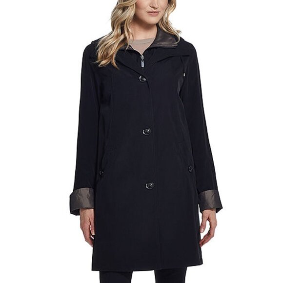 NWT Gallery Womens Trench Raincoat Sz Med Removable Hood Water Resistant Black - Picture 2 of 15